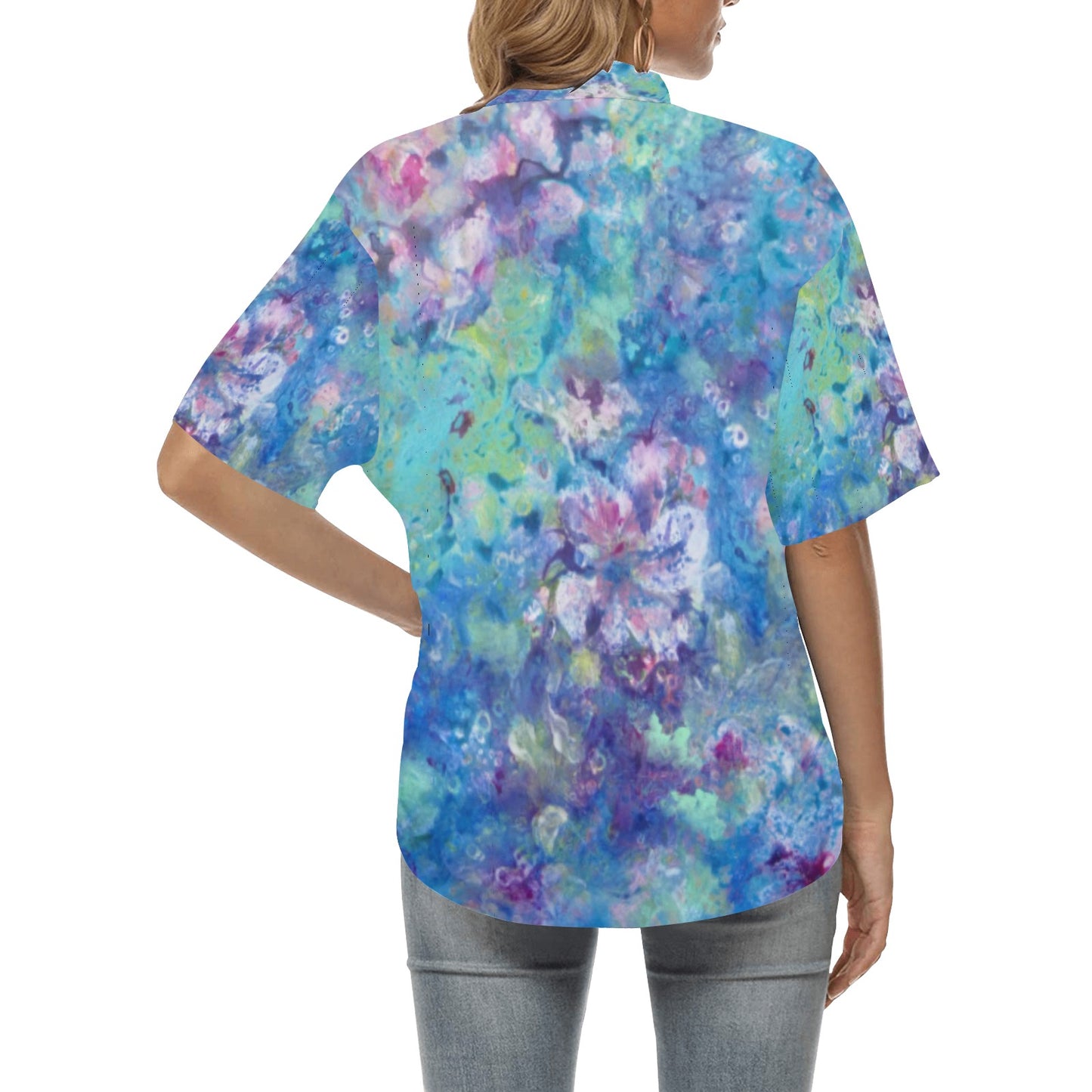 Ladies Floral Blue Hawaiian Shirt