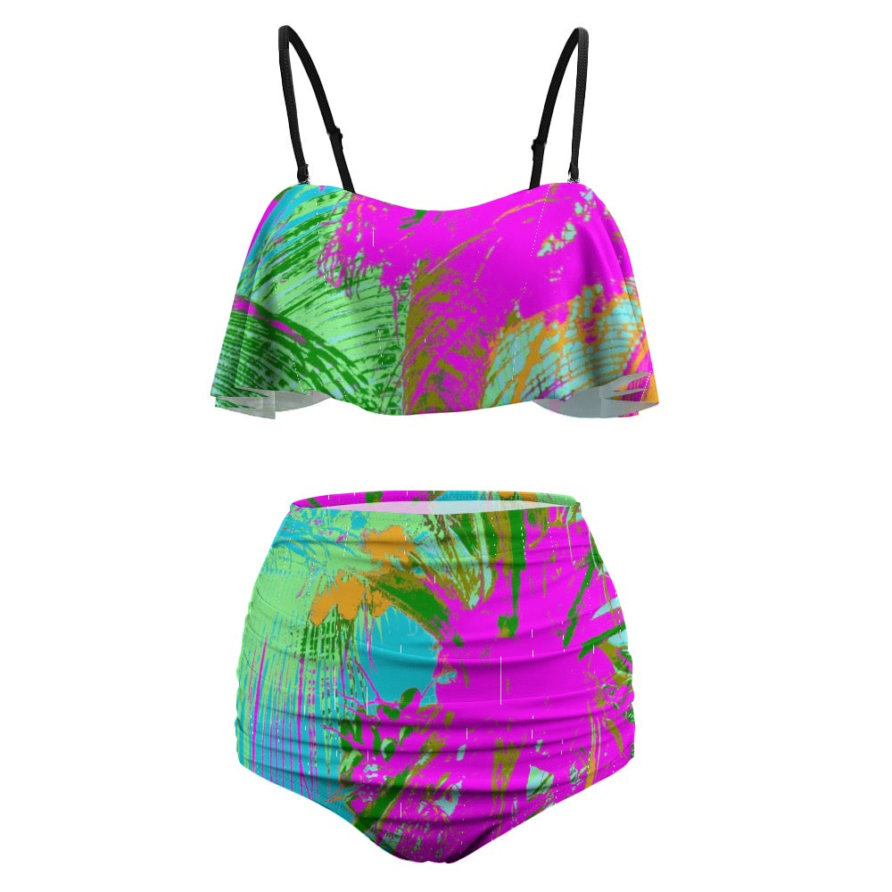 Kauai Neon Ladies Swimwear Ruffle Top Bikini