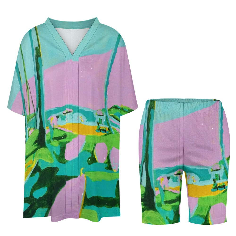 Kauai Beach Ladies  V-neck bat sleeve two piece set