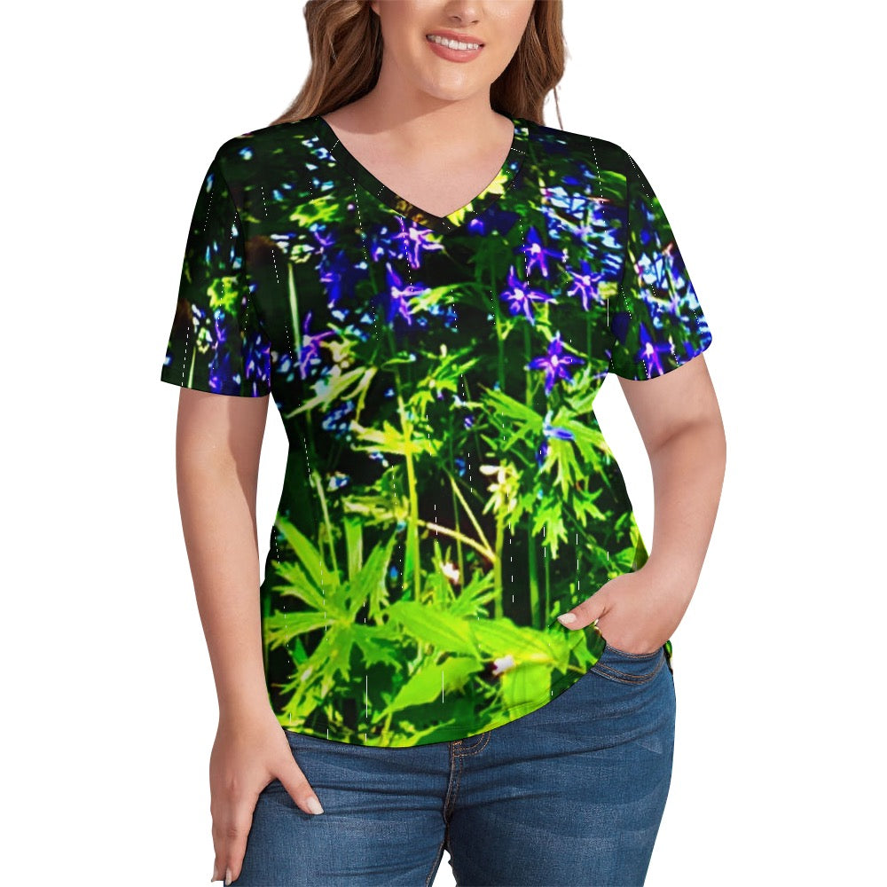 Ladies Floral Delphinium shirt V-Neck