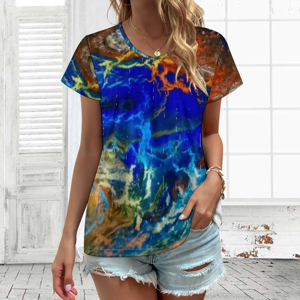 Ladies Marbled Shirt V-neck short sleeve T-shirt