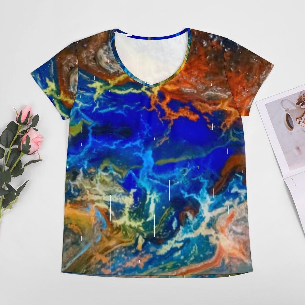 Ladies Marbled Shirt V-neck short sleeve T-shirt