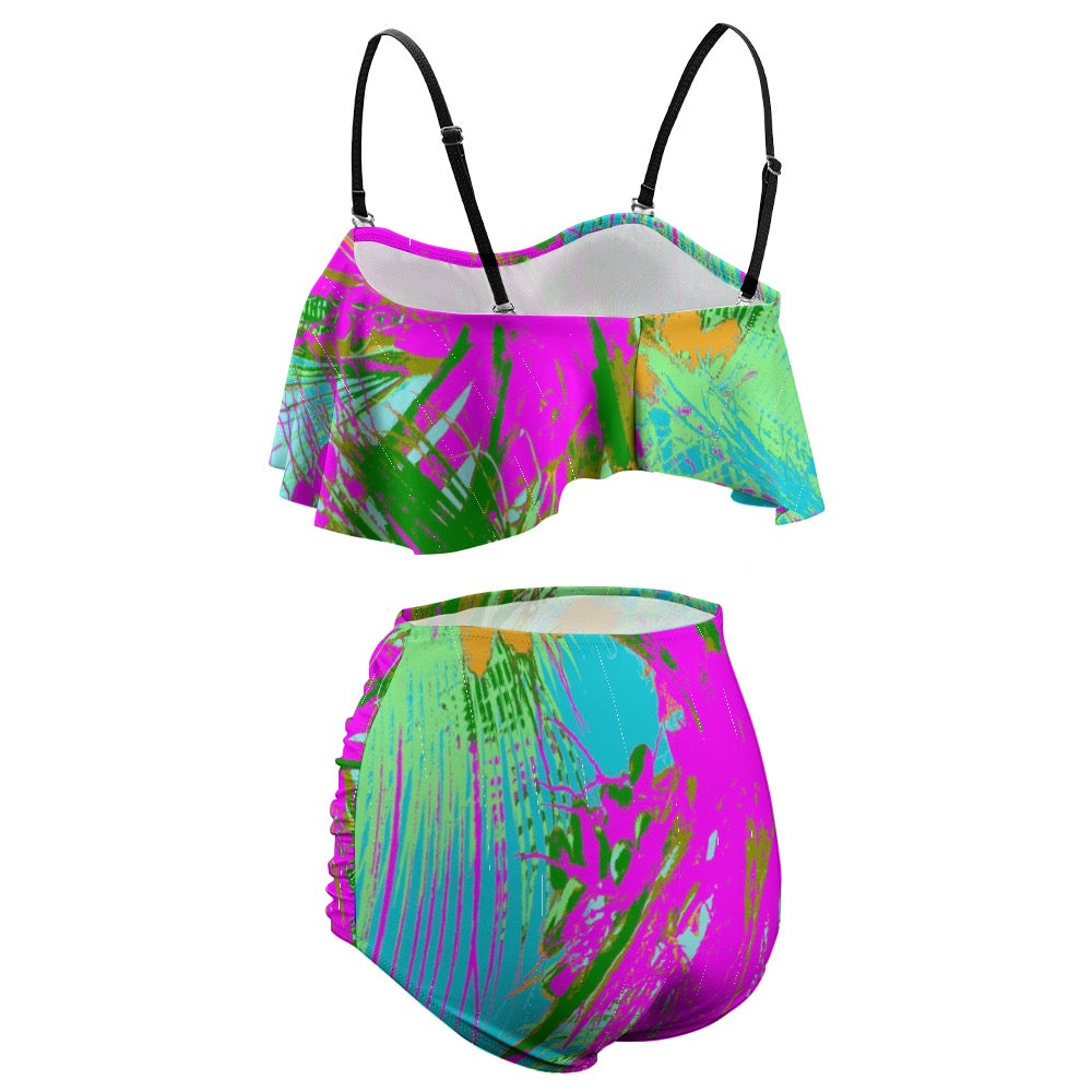 Kauai Neon Ladies Swimwear Ruffle Top Bikini