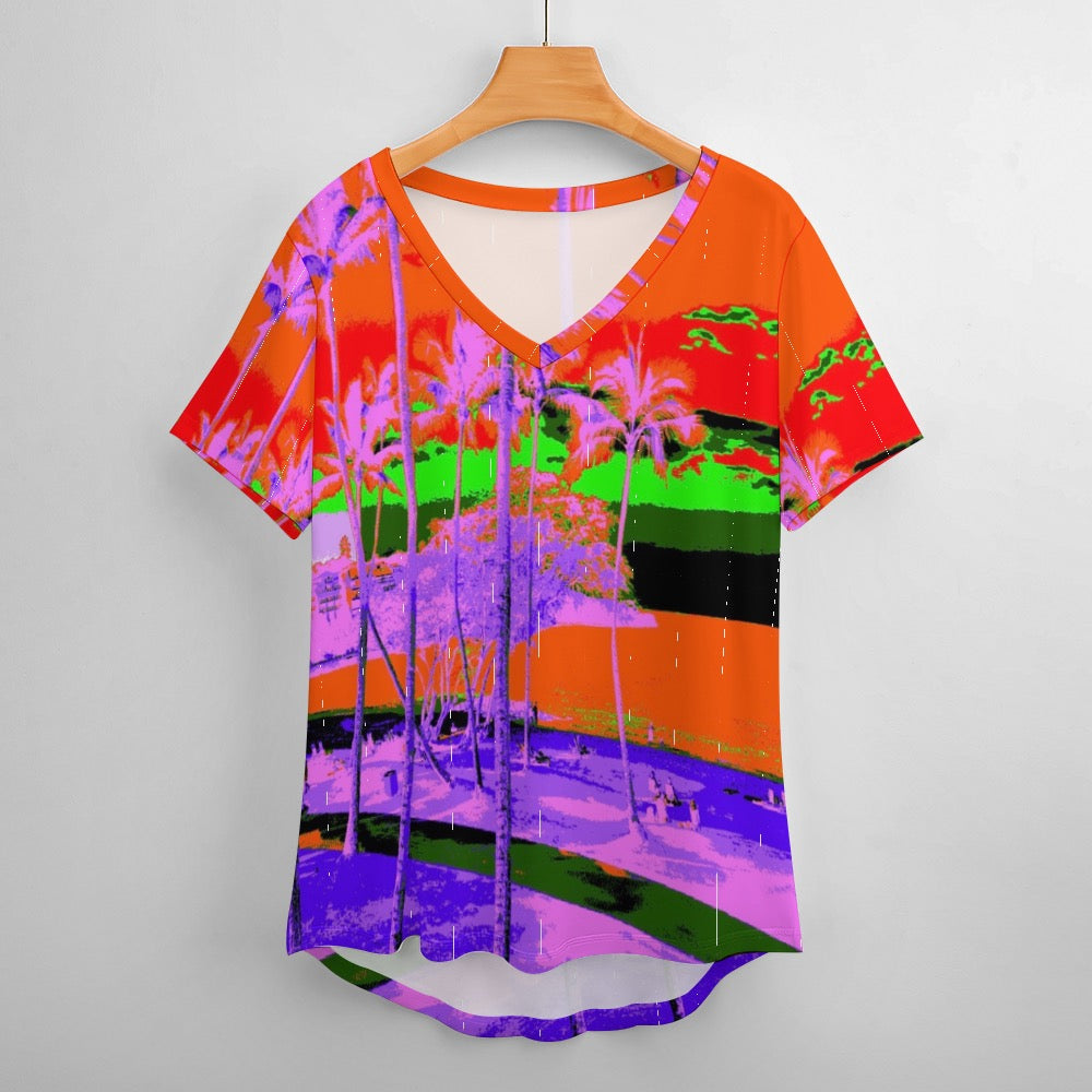 Kauai Neon Ladies Shirt  V-Neck Loose T-Shirt