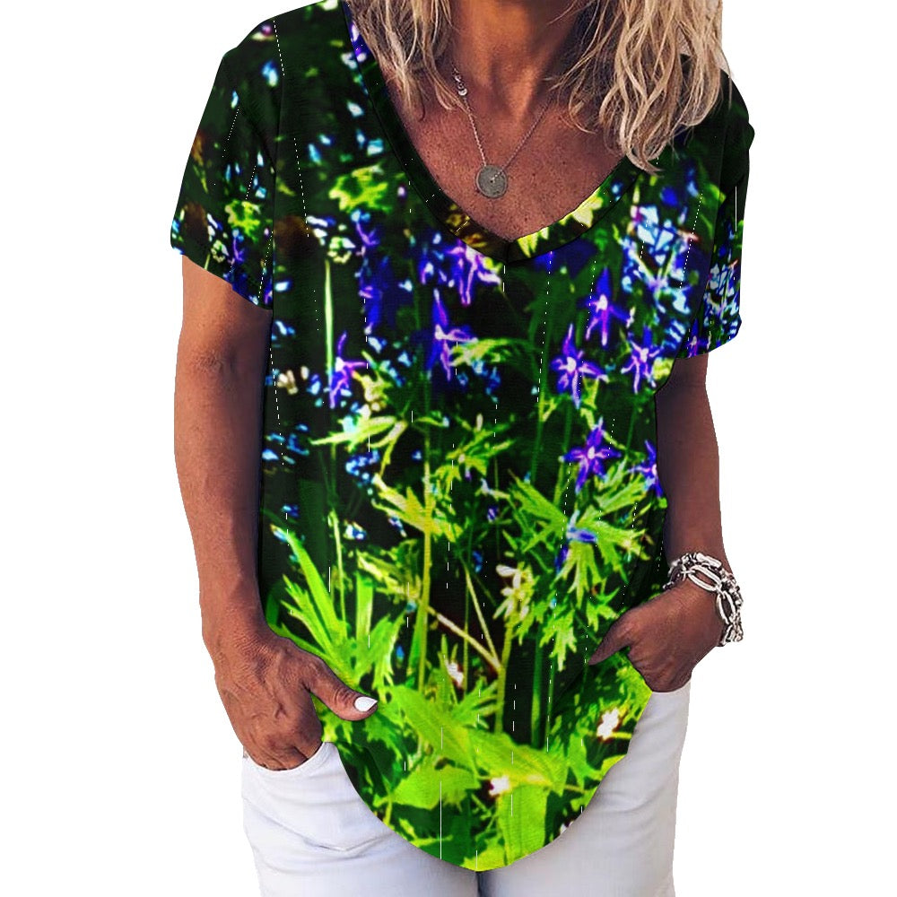 Ladies Floral Delphinium shirt V-Neck