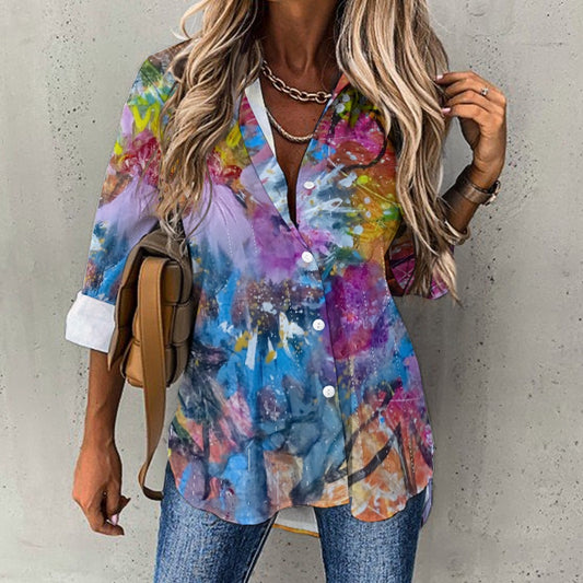 Floral ladies shirt Irregular hem shirt