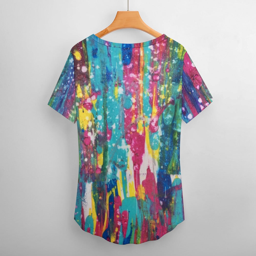 Ladies Splatter Shirt V-Neck Loose Short Sleeve T-Shirt