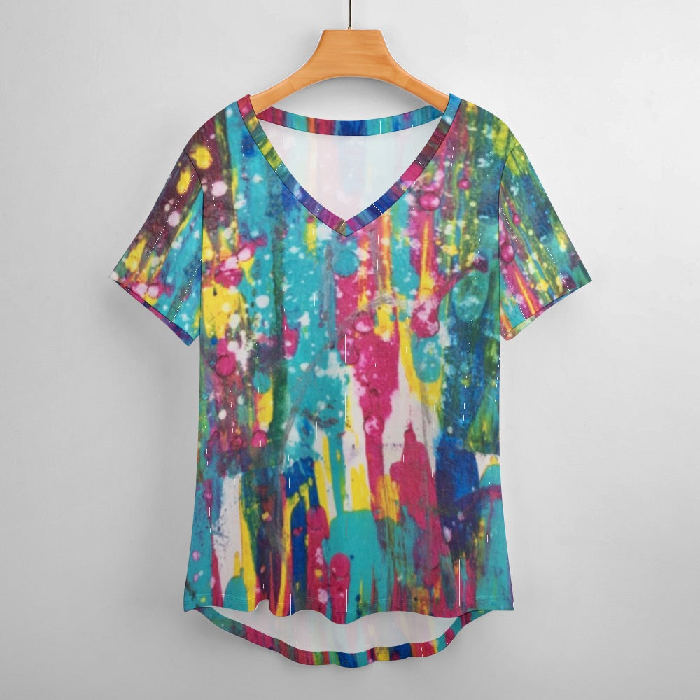 Ladies Splatter Shirt V-Neck Loose Short Sleeve T-Shirt