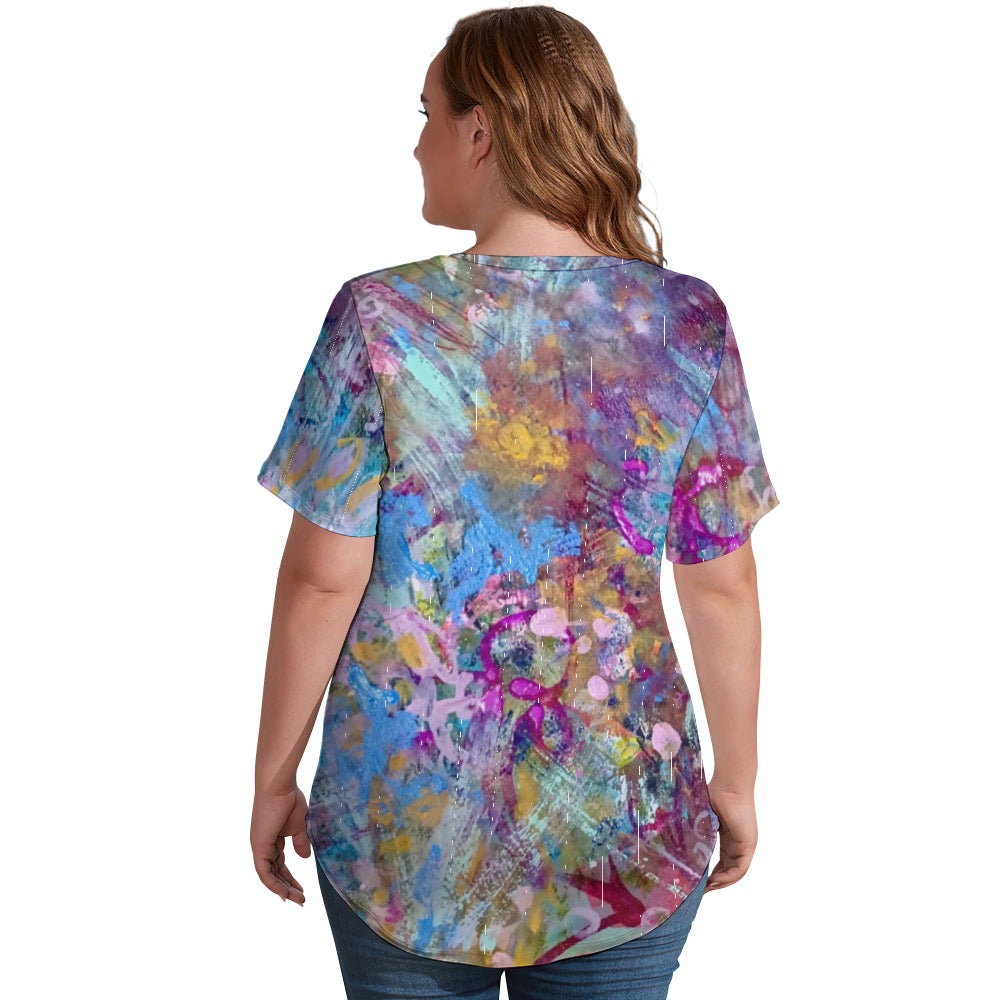 Ladies Floral Blue  Shirt V neck