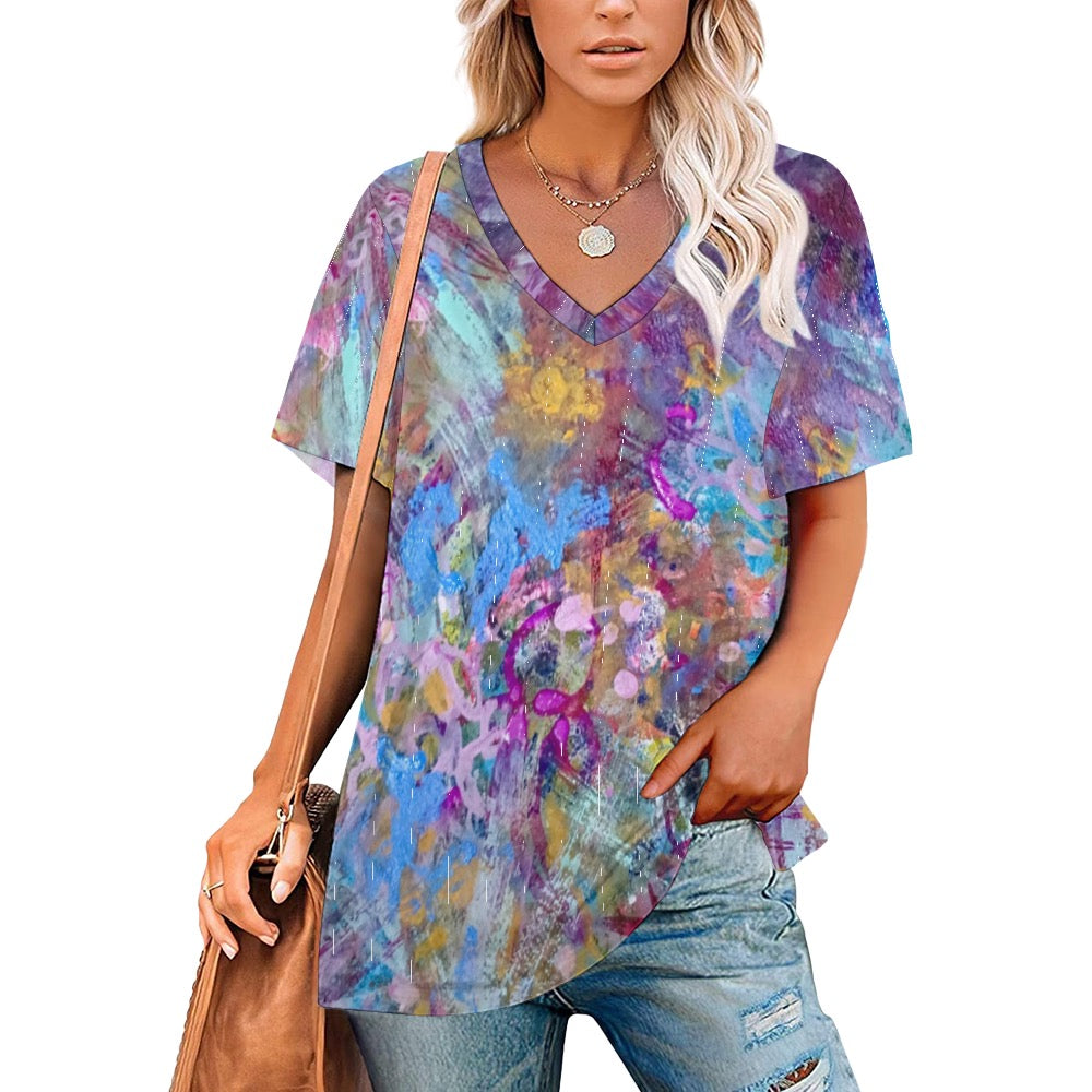 Ladies Floral Blue  Shirt V neck