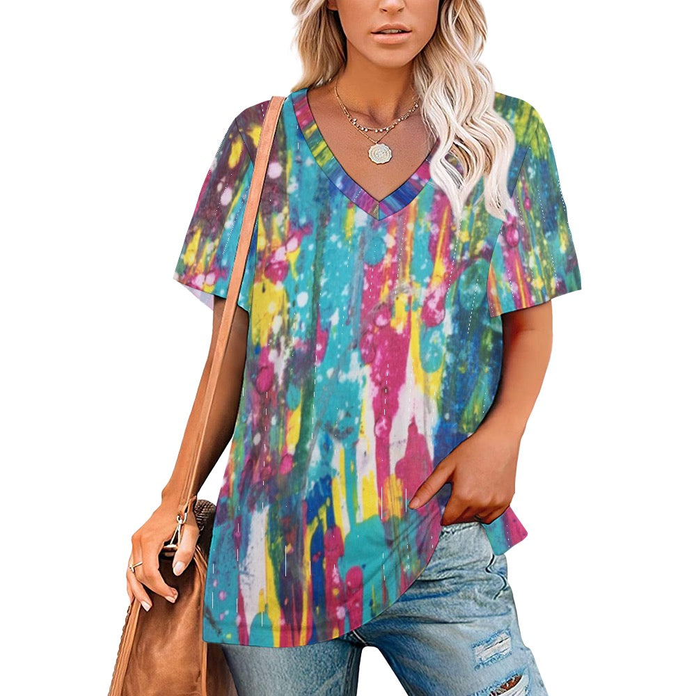 Ladies Splatter Shirt V-Neck Loose Short Sleeve T-Shirt