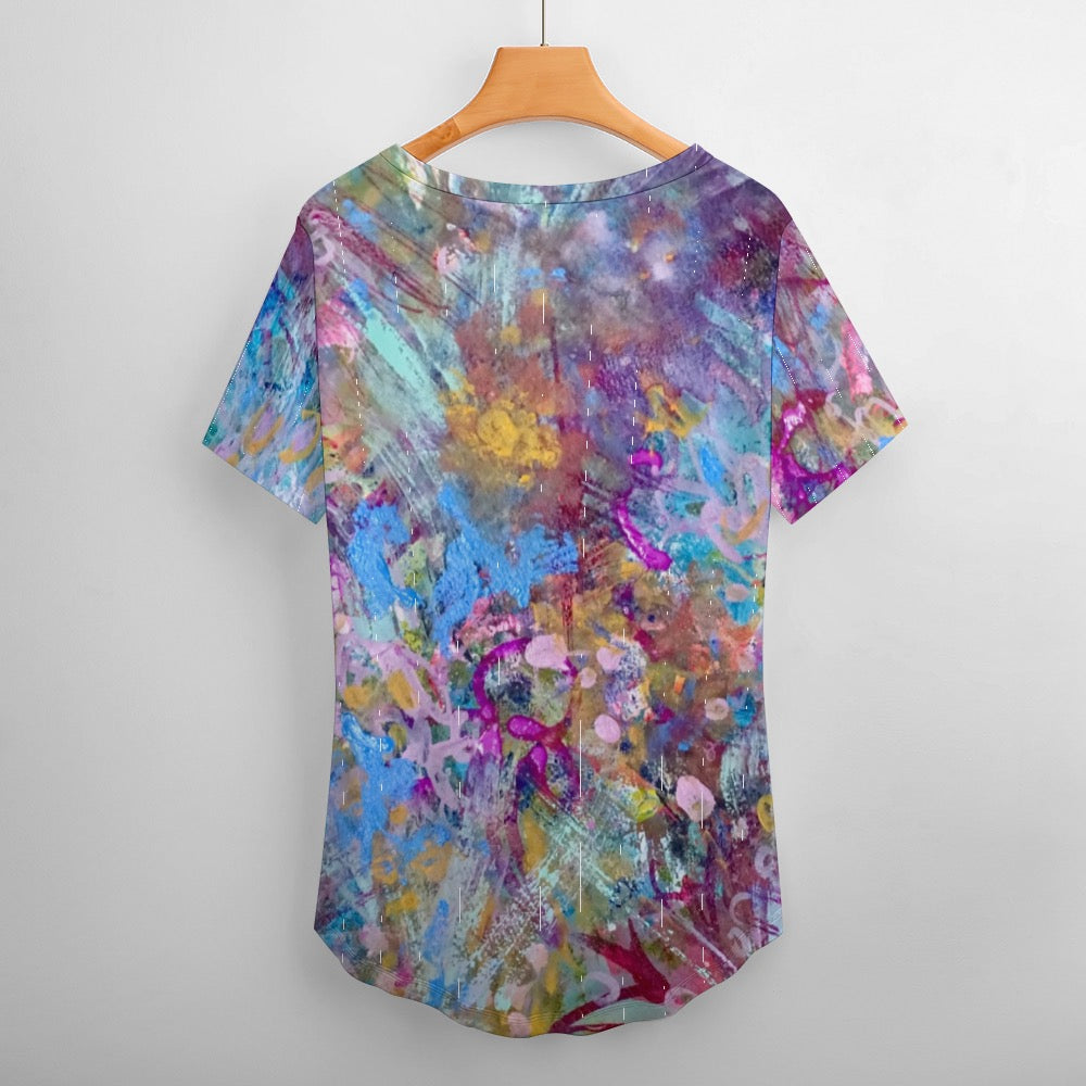 Ladies Floral Blue  Shirt V neck