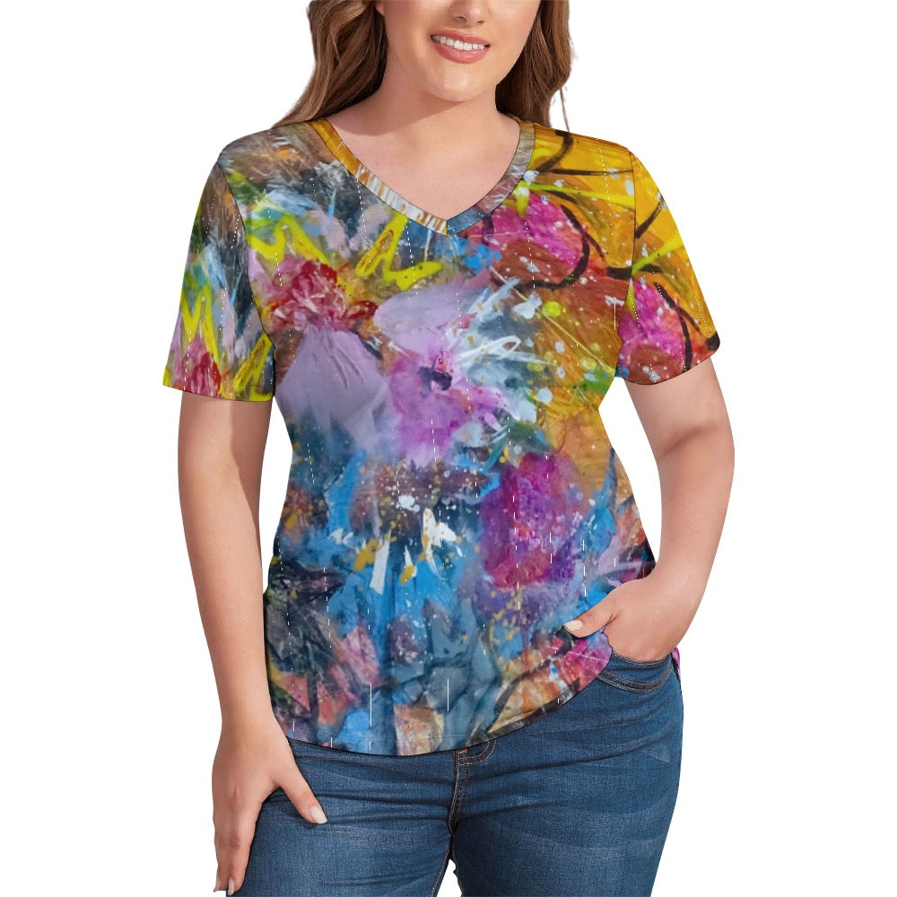 Floral Ladies shirt V-Neck Loose Short Sleeve T-Shirt