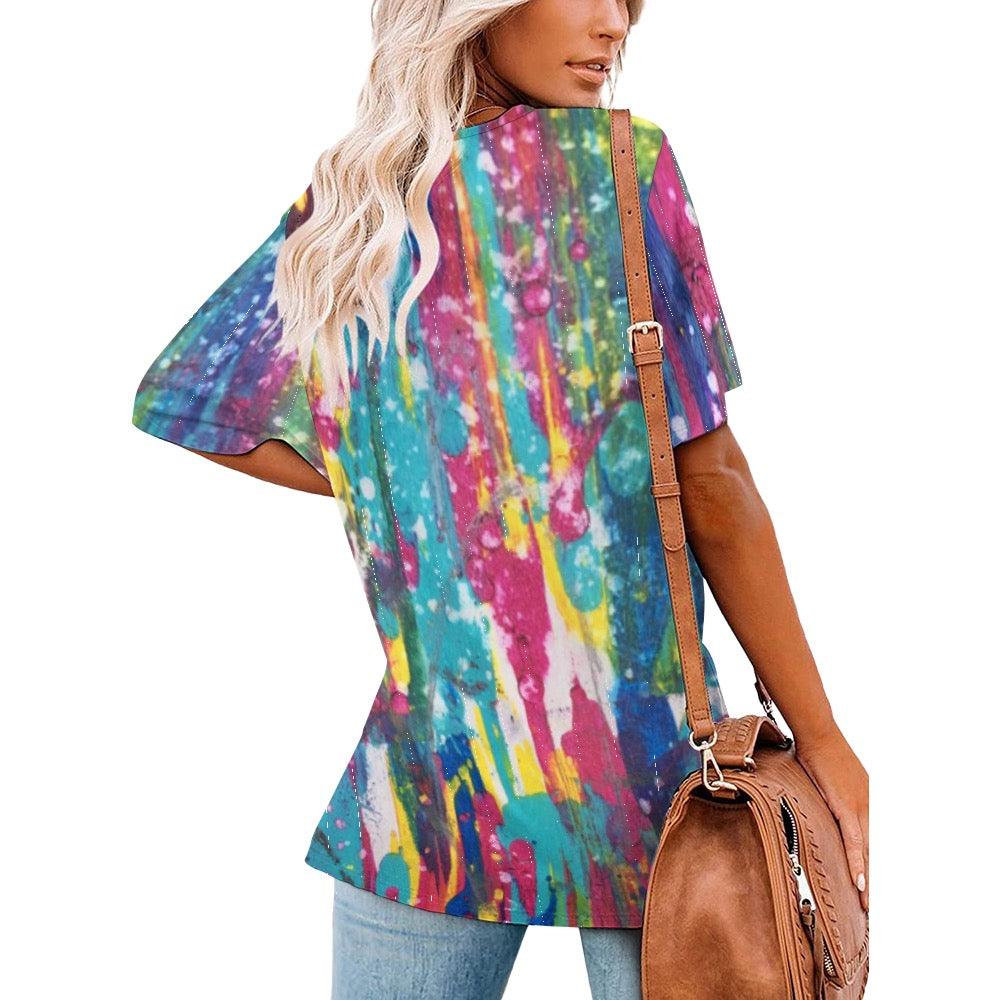 Ladies Splatter Shirt V-Neck Loose Short Sleeve T-Shirt