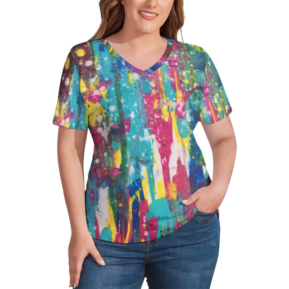 Ladies Splatter Shirt V-Neck Loose Short Sleeve T-Shirt