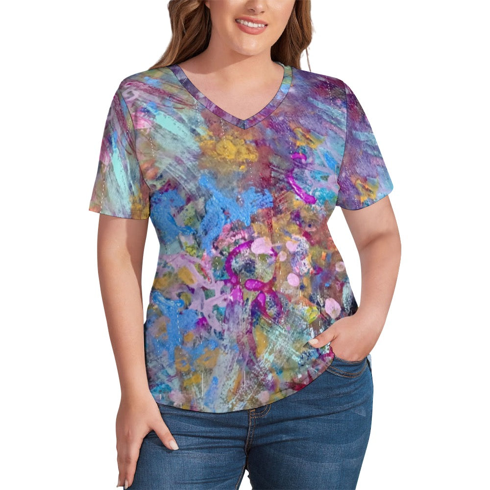 Ladies Floral Blue  Shirt V neck