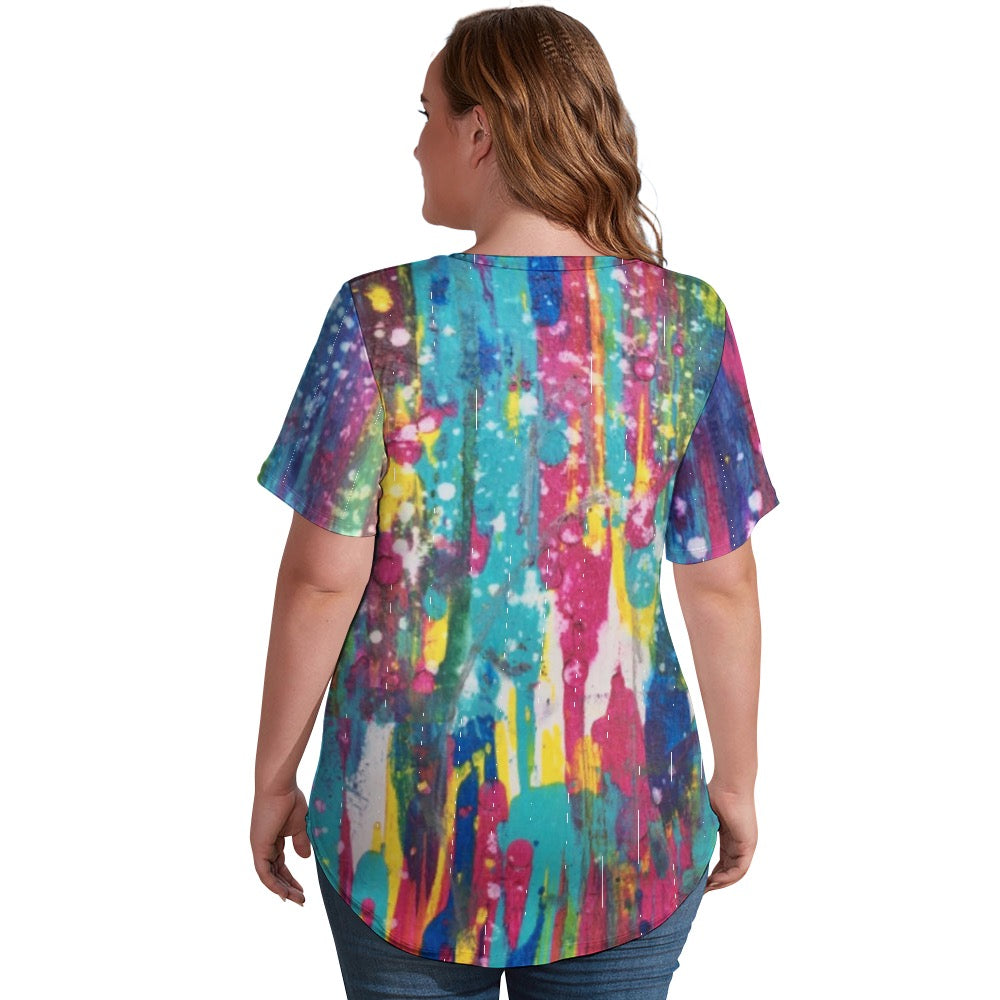 Ladies Splatter Shirt V-Neck Loose Short Sleeve T-Shirt