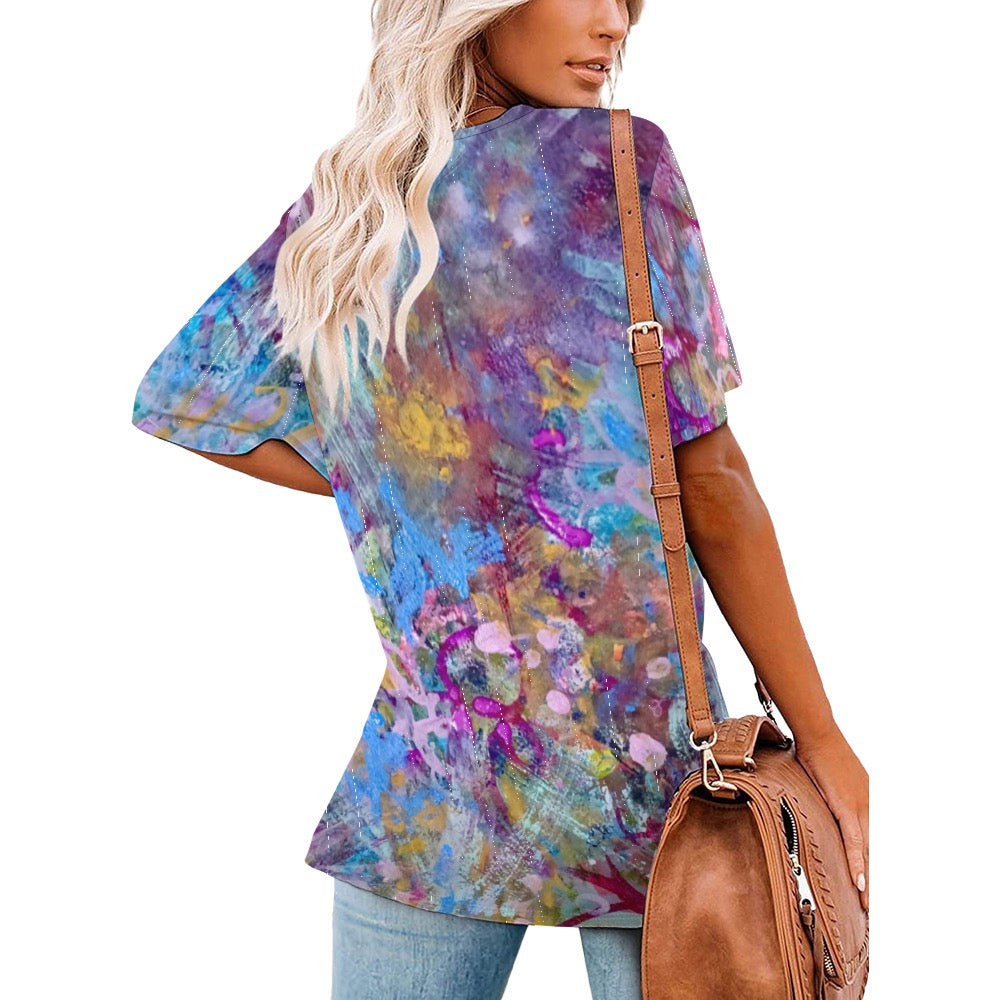 Ladies Floral Blue  Shirt V neck