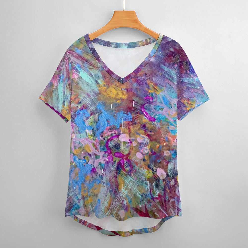 Ladies Floral Blue  Shirt V neck